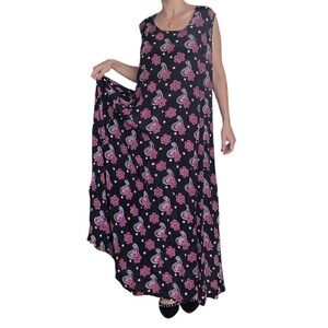 VTG 90's Floral Cottagecore Black Rayon Maxi Dress L Boho Paisley Relaxed Artsy